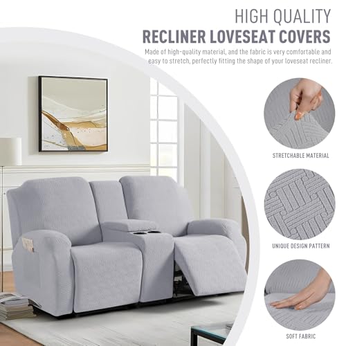 Image of KinCam Loveseat Recliner Covers with Middle Console Slipcover, Recliner Sofa Covers 2 Seat Couch Cover Stripe Jacquard Furniture Protector Covers with Elastic Bottom for Kids, Pets (Silver Gray)