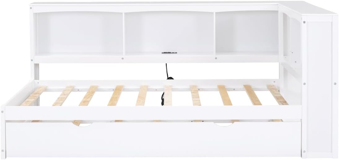 L-Shaped Twin Bookcase Bed with Trundle,Daybed with Storage Bookshelf Headboard and USB Ports for Kids Girls Boys-White