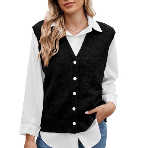 LCDIUDIU Gilet Tricoté sans Manches pour Femme, Gris, Col V, Boutonné, Côtelé, Pull, Gilets, Automne Hiver, Décontracté, Ample, Wekit, Preppy, Streetwear, Gilet Court, Noir, XS
