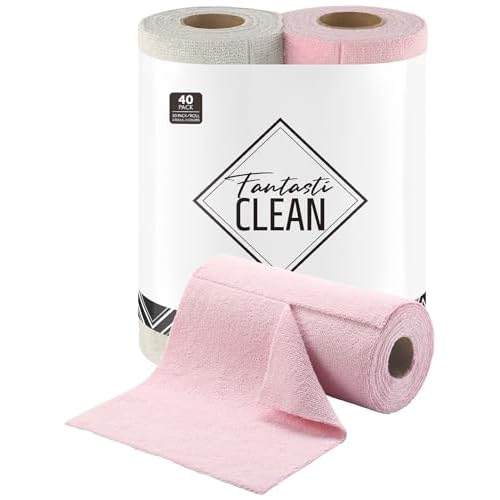 Fantasticlean Tear-Away Dish Cloth - 40 Sheets - 10'' by 10'', Reusable Washable Kitchen Towel Rolls, Super Absorbent and Thick Microfiber Cleaning Cl