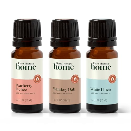 Plant Therapy Home Natural Fragrance Set of 3, Pearberry Lychee, Whiskey Oak, & White Linen 10 mL (1/3 oz) Each