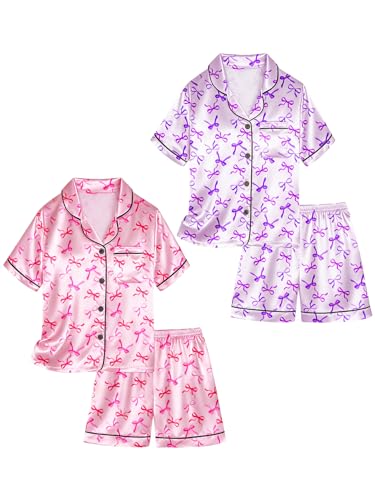 Vopawetty Satin Pajamas for Girls 4-Piece Short Sleeve Button Down Silky PJ Set Pink - Purple Bow 6 Years