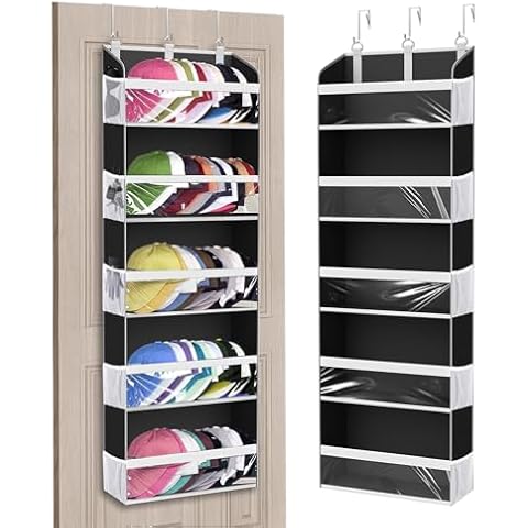 KYEVIS Over the Door Hat Organizer for Baseball Caps, Hold up to 60 Hats Rack Storage for Door/Closet/Wall, Clear Pockets Hanging Hat Holder for Baseball Caps with 10 Mesh Pockets, Black Cover