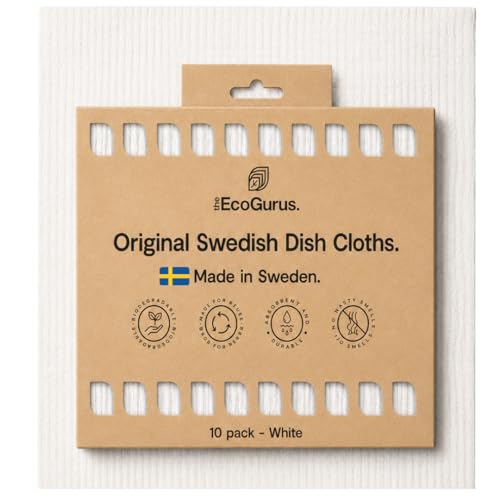 The EcoGurus 10 Pack Odour-Resistant Reusable Cleaning Cloths | Original Swedish Dishcloth | Made in Sweden | Suitable for All Surfaces | Biodegradable Cellulose Sponge | Kitchen & Bathroom | White by The EcoGurus - Used condition - US$16.58