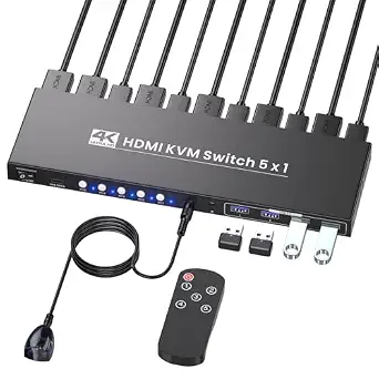 4K@60Hz HDMI KVM Switch 1 Monitor 5 Computers, USB 3.0 5 Port KVM Switch for Controlling 5 Computers with 1 Set of Keyboard, Mouse and 1 Monitor