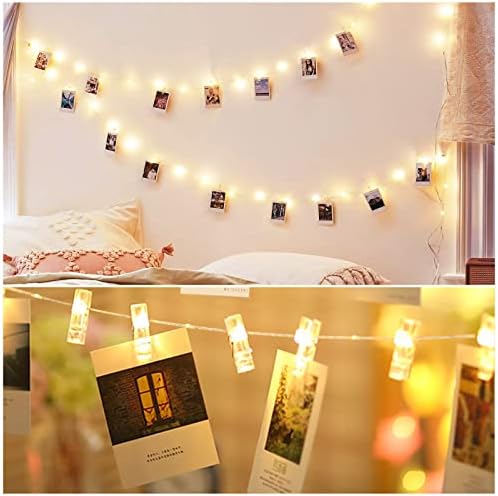 MOTONG 50 LED Photo Clip String Lights, 5M Copper Wire, Photo Peg Fairy Lights 40 Clips, Great for Birthday Party, Home, Dorm, Christmas Decor Lights for Hanging Photos, Cards and Artwork (Warm white)