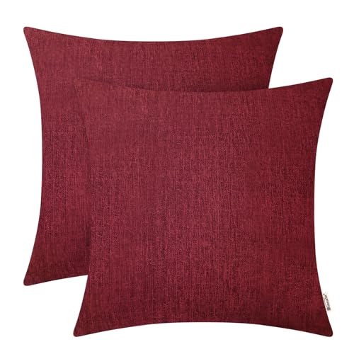 BRAWARM Chenille Throw Pillow Covers 18x18 Inches, Burgundy, Pack of 2