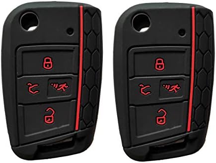 Silicone Key Cover Case Remote Fob Protector fit for VW Golf Polo 2016-2017 4 Buttons Keyless Entry Remote Key Fob Skin Protective key Jacket (Black with red 2 Pack)