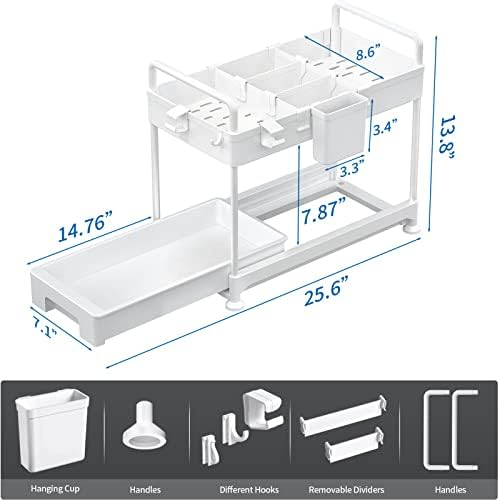 SOLEJAZZ 2-Tier Under Sink Organizer, Sliding Under Bathroom Cabinet Storage Drawer Organizer with Hooks, Hanging Cup, Dividers, Handles, Multi-purpose Under Sink Shelf Organizer, White