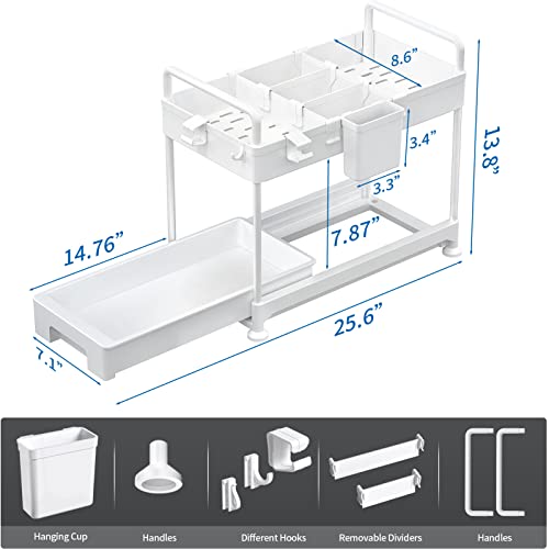 SOLEJAZZ 2-Tier Under Sink Organizer, Under Bathroom Sink Cabinet Organizers Sliding Under Sink Storage Organization, Multi-purpose Kitchen Cabinet Organizer Shelf with Hooks, Hanging Cup, White