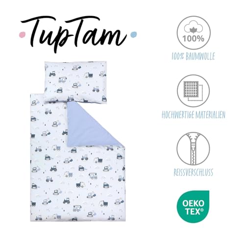 TupTam Kinder Bettwäsche Gemustert 2-Teilig Wendebettwäsche, Farbe: Baufahrzeuge/Bagger/Blau/Grau, Größe: 135x100 cm