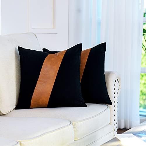 GEGELICA Set of 2 Black Modern Boho Brown Faux Leather Throw Pillow Covers 18X18 Inch Farmhouse Cotton Decorative Pillows for Couch Living Room Bedroom