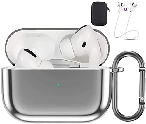 Aiiko Airpods Pro Case Cover, Soft Tpu Plated Full Protective Shockproof Cover With Keychain/Anti-Lost Straps And Eva Box Set For Airpods Pro Case 2019 (Front Led Visible)-Silver #TOP6