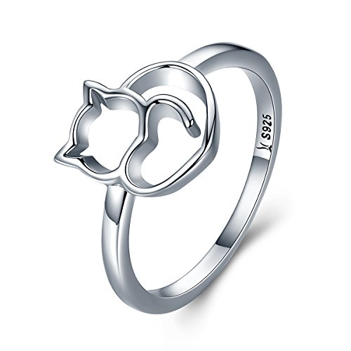 Presentski Cute Kitty Ring, 925 Sterling Silver Cat Rings Christmas Day Gift for Women, Size 6 7 8 9