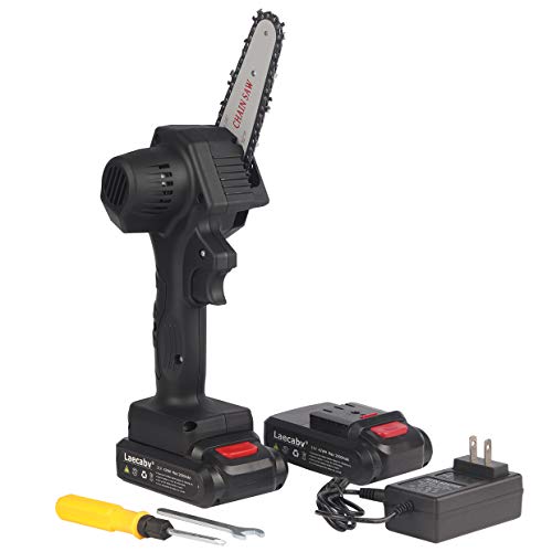 Laecabv Mini Chainsaw 4-Inch 2Pcs Batteries Cordless Electric Chain Saw, Portable One-Hand 0.7kg, Pruning Shears Chainsaw for Tree Branch Wood Cutting