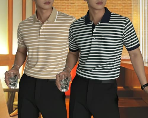 Image of MACK JONNEY Men's Cotton Polo T-Shirt | Regular Fit | Short Sleeve | Striped Casual Wear | Pack of 2 -MJ-1