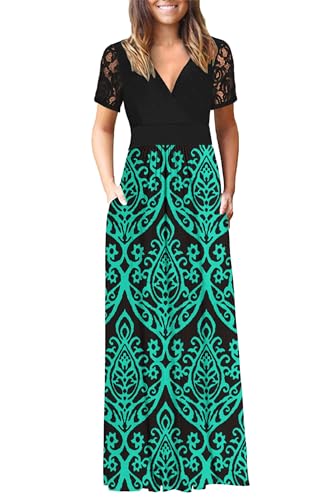 Image of AUSELILY Long Floral Dresses for Women Summer Lace Short Sleeve V Neck Wrap Maxi Dress with Pockets Black Green L