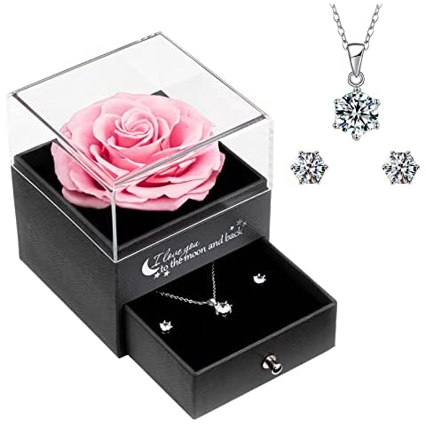 Preserved Rose Gift Box-Handmade Eternal Rose with Necklace Earrings Gifts Forever Roses in Box Christmas Birthday Anniversary Wedding Valentine's day Gifts for Women Mum Girlfriend Cover