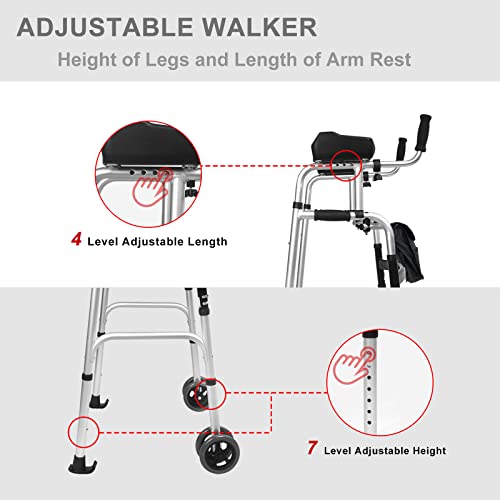 Spurgehom Folding Walker With Arm Rest Pad Support 350Lbs, Lightweight Standard Walker Height Adjustable Rolling Walker Walking Mobility Aid For Elderly, Fda Certification #TOP2