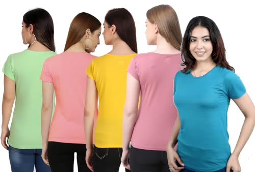 Image of MODISH Women's Super Combed Cotton Rich Relaxed Fit Solid T-Shirt. Curved Hem Styled Half Sleeve Printed Tops