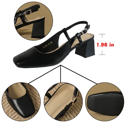 Women's Square Toe Leather Chunky Heel Slingback Formal Pumps Shoes,Comfortable Closed Toe Slip-On Adjustable Ankle Strap Block Heel Dress Shoes,for Wedding Party Dinner4