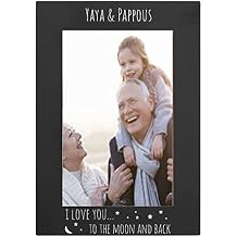 CustomGiftsNow Yaya & Pappous I Love You to The Moon and Back - Anodized Aluminum Metal Hanging/Tabletop Personalized Group Family Photo Fits 5x7 Portrait Picture Custom Black Frame