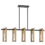 Leading Lighting 5 Light Farmhouse Gold Hanging Chandelier Fixture Natural Wood Kitchen Island Light