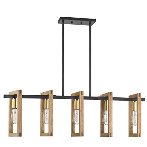 Leading Lighting 5 Light Farmhouse Gold Hanging Chandelier Fixture Natural Wood Kitchen Island Lighting Black Metal Frame For Entryway Dinning Room Bedroom #TOP16