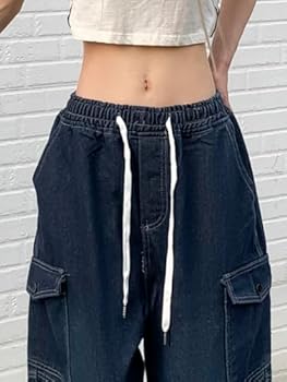 Veryin Baggy jeans voor dames, cargobroek, hoge taille, Y2K, boyfriend, casual, losse wijde pijpen, trekkoord, zakken, M