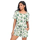 linqin Damen Kaktus Pyjama Set Kurzarm Damen Kaktus Schlafanzug Set XXL, Kaktus, 48