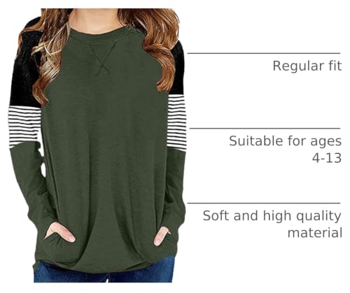 Image of SELINK Girls Big Kids Long Sleeve Striped Color Block Pocket Tees | Casual Loose Fit With Side Pockets,Soft Stretch Polyester Blend For Big Girls Daily&Back To School Wear
