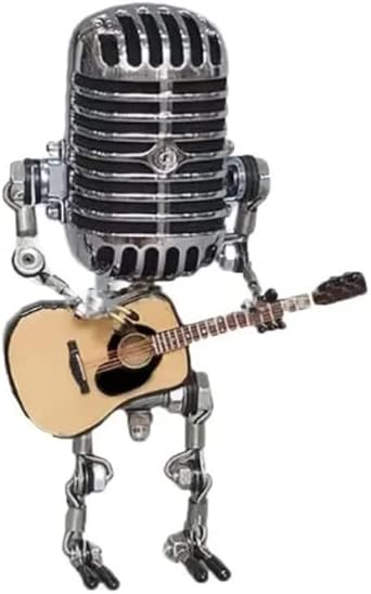 Vintage Metal Microphone Robot Desk Lamp, Metal Microphone Robot Lamp with Mini Guitar, Nightstand Desk Lamp for Bedroom Bar Restaurant Yellow