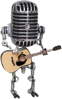 Vintage Metal Microphone Robot Desk Lamp, Metal Microphone Robot Lamp with Mini Guitar, Nightstand Desk Lamp for Bedroom Bar Restaurant (Yellow)