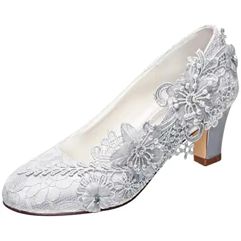 Emily Bridal Zapatos Nupciales De Mujer satén Sedoso Tacón Ancho con Encaje Flor Crystal Perla Cover