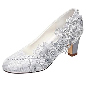 Emily Bridal 1505-1B Dames Trouwschoenen Gesloten Teen 2,60 Inch Dikke Hak Kanten Satijnen Pumps met Strass Kant Bloem Bruids Schoenen