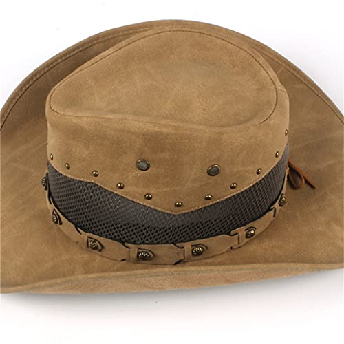 Wyfdp Men's Leather Western Cowboy Hat Summer Gentleman Straw Hat Hat With Mesh Dad Hat (Color : A, Size : 58-59Cm) #TOP2