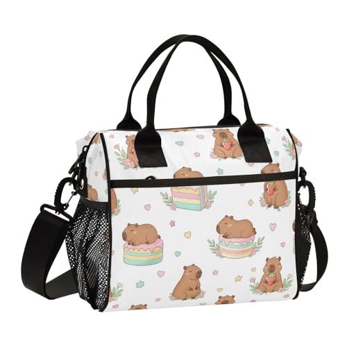 Aslsiy Lunch Bag for Girls Boys Cartoon Capybaras Kids Insulated Lunch Bags Strawberries Flowers Women Tote Bag for Office School M