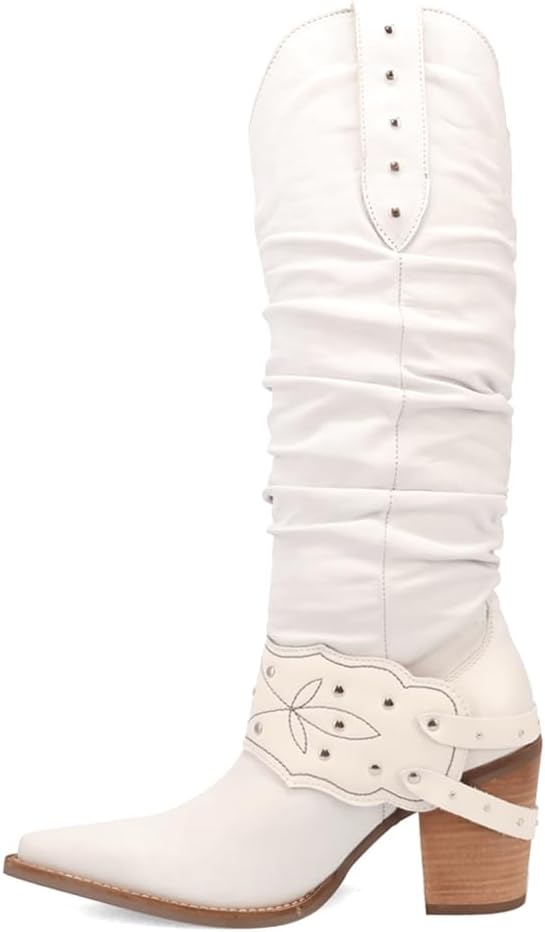 Dingo Womens Grit N' Grace Slouchy Studded Snip Toe Pull On Dress Boots Over the Knee Mid Heel 2-3" - Black