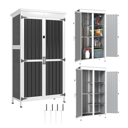 Outsunny Armadio da Giardino in Legno Abete e Acciaio, Casetta Attrezzi Giardino con Porta Bloccabile, Tetto Asfalto, Ripiani Rimovibili, Capanno Porta Attrezzi per Esterno, 94x43x166cm, Bianco Nero