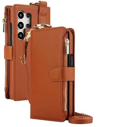 Étui portefeuille Galaxy S24 Ultra marron avec bandoulière pour tout ranger