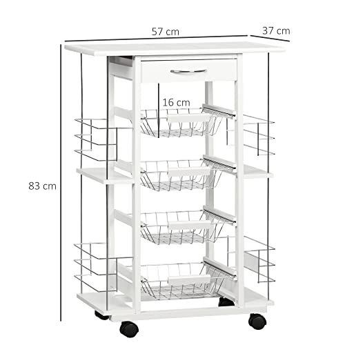 Miniatura 7 de Homcom Carrito De Cocina Con Ruedas Y Encimera Baldosada Carrito Verdulero Con Cajón, 4 Cestas Metálicas Y 4 Porta Especias Laterales Para Comedor 57x37x83 Cm Blanco