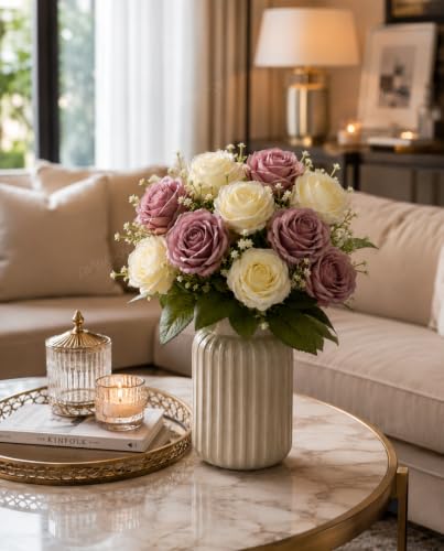 Image of Divyakosh Artificial Rose Flower Bouquet, 10 Roses (5 Dusty Mauve & 5 Ivory White) with Green Leave, Faux Floral Arrangement for Living Room, Bedroom, Office, Wedding & Home Decor (Vase Not Included)