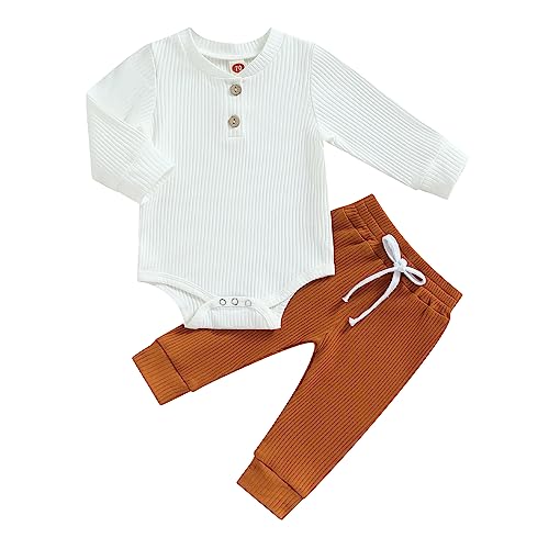 Image of Newborn Baby Boy Girl Clothes Ribbed Knitted Long Sleeve Romper Pants Solid Cotton Infant Fall Winter Outfits 2Pcs