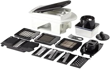 11-Piece Vegetable Chopper & Slicer 5 Interchangeable Stainless Steel Blades, 3 Dicing Sizes Manual Food Chopper with Spiralizer & Container Non-Skid Base, Dishwasher Safe Kitchen Gadget