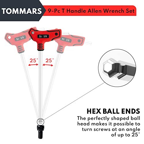 Tommars 9Pc T Handle Allen Wrench Set, Sae T Handle Hex Key Set Ball End, Sae 5/64-3/8 Inch, S2 Steel #TOP5