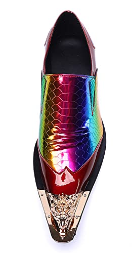 Santimon Mens Metal-Cap Formal Shoes Rainbow Snake Pattern Leather Composite Stitched Details Dress Party Prom Loafers for Men4
