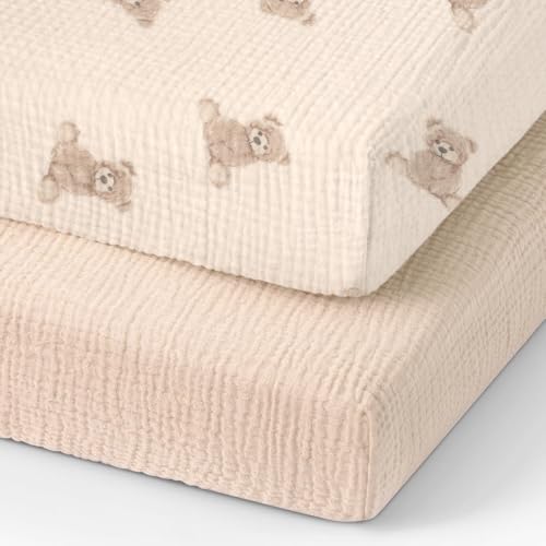 100% Organic Cotton Muslin Pack and Play Sheets Fitted 38”x26”, Mini Crib Sheets Compatible with Graco/hiccapop/YENING/Dream On Me/Babylicious...