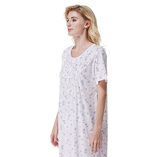 Keyocean Women Nightgown, Soft 100% Cotton Comfy Lightweight Lace Trim Short Sleeve Ladies Sleepwear, Purple Floral, Medium (M) #TOP6