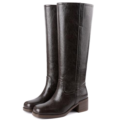 Image of Gothictor Women's Banana Knee High Boots Square Toe Chunky Block Heel Comfortable Low Heel Pull on Wide Calf Riding Long Boots for Women