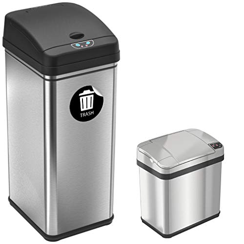 Itouchless 13 Gallon And 2.5 Gallon Automatic Touchless Sensor Kitchen Cans With Odor Control System, Includes 1 Waterproof Reusable “Trash” Vinyl Sticker, Stainless Steel/02 Gal And 03 Gal #TOP21